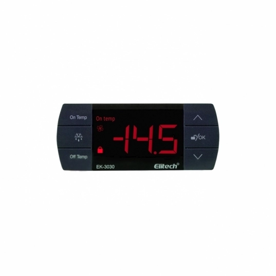 Controlador digital de temperatura EK-3030 da Elitech preto com display ligado na cor vermelha